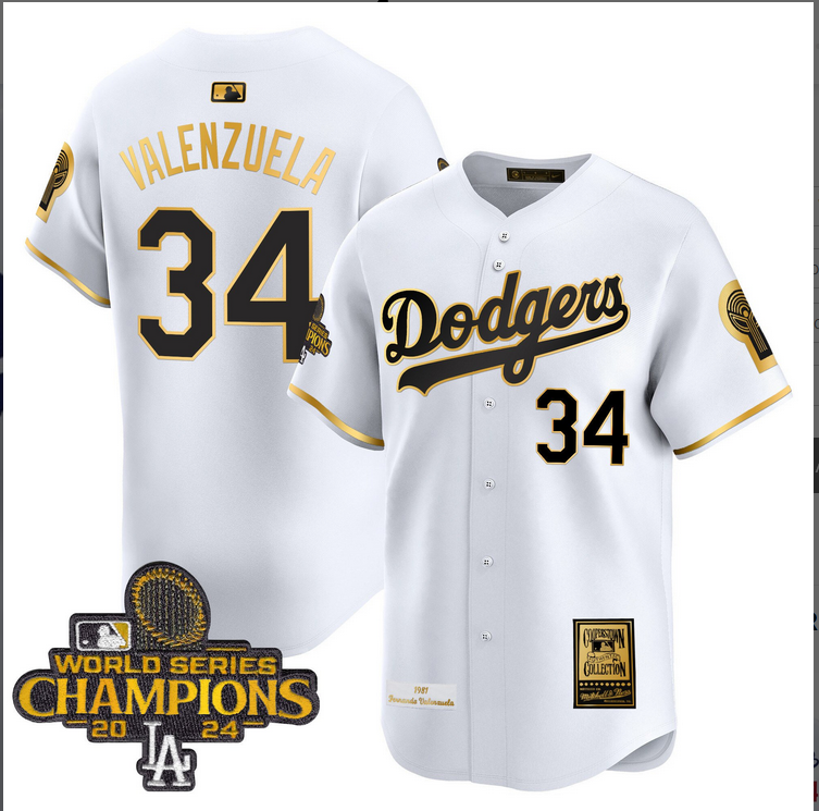 Men MLB Los Angeles Dodgers 34 Valenzuela white 2024 World Series Champions Patch Cooperstown Jersey style 3